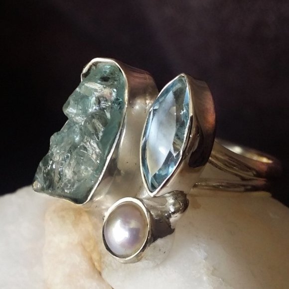 GG Unique Jewelry Jewelry - Bohemian Silver Ring Aquamarine Pearl